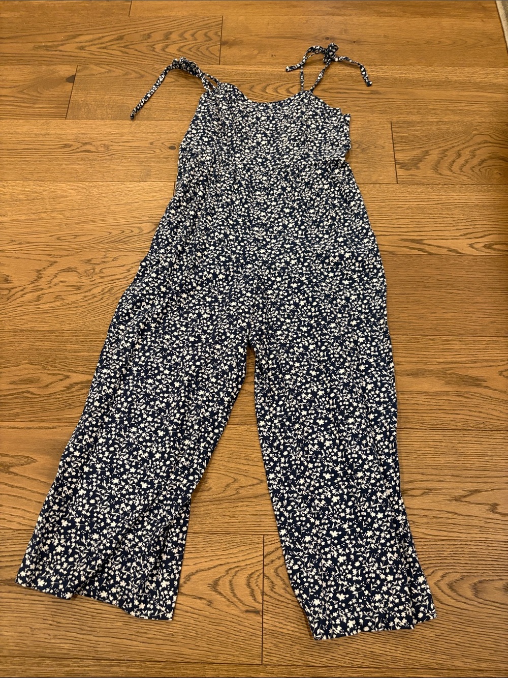 Old Navy Navy and White Floral Tie-Shoulder Jumpsuit